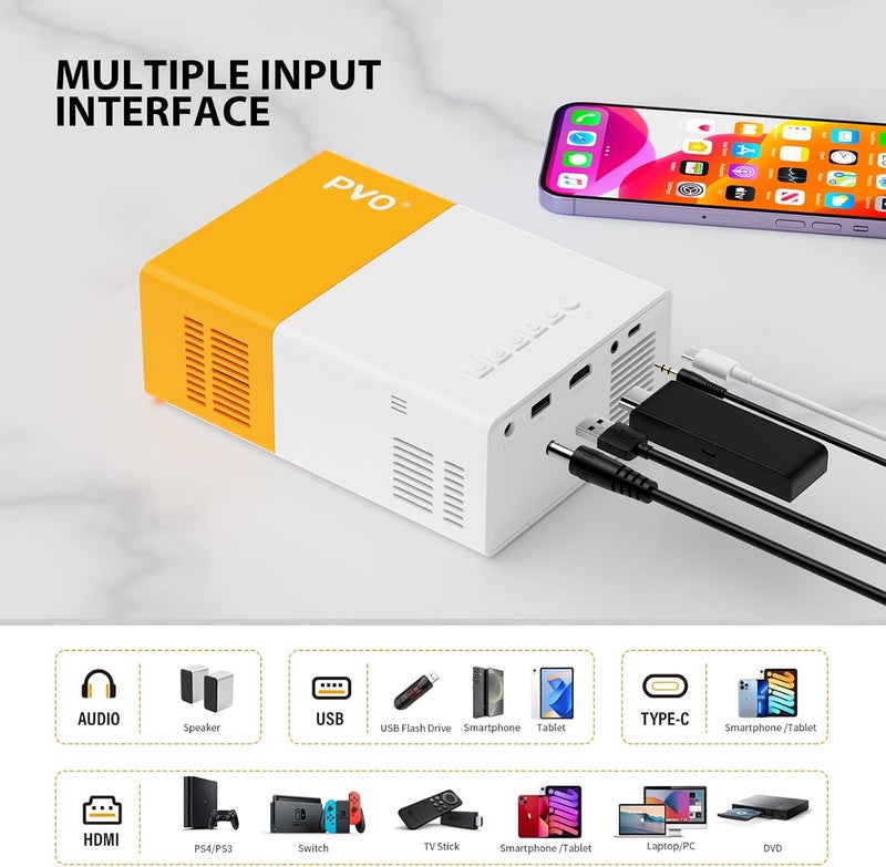 PVO جهاز عرض واي فاي محمول صغير 1080 بكسل، يمكن عكس شاشة الهاتف إلى جهاز العرض عبر الواي فاي، أجهزة عرض الأفلام متوافقة مع الهواتف الذكية/ الأجهزة اللوحية/ اللابتوب/ عصا التلفاز/ بلاي ستيشن/ نوع-C/ محرك USB - Image 5